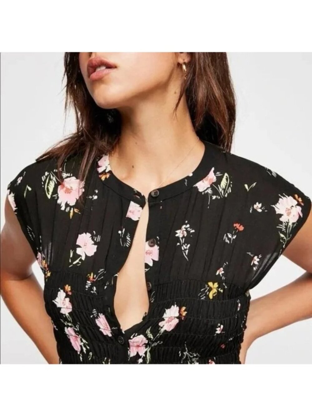 Free People Greatest Day Mini Dress Smocked Bodice XS Floral Cottage Boho - Picture 2 of 8